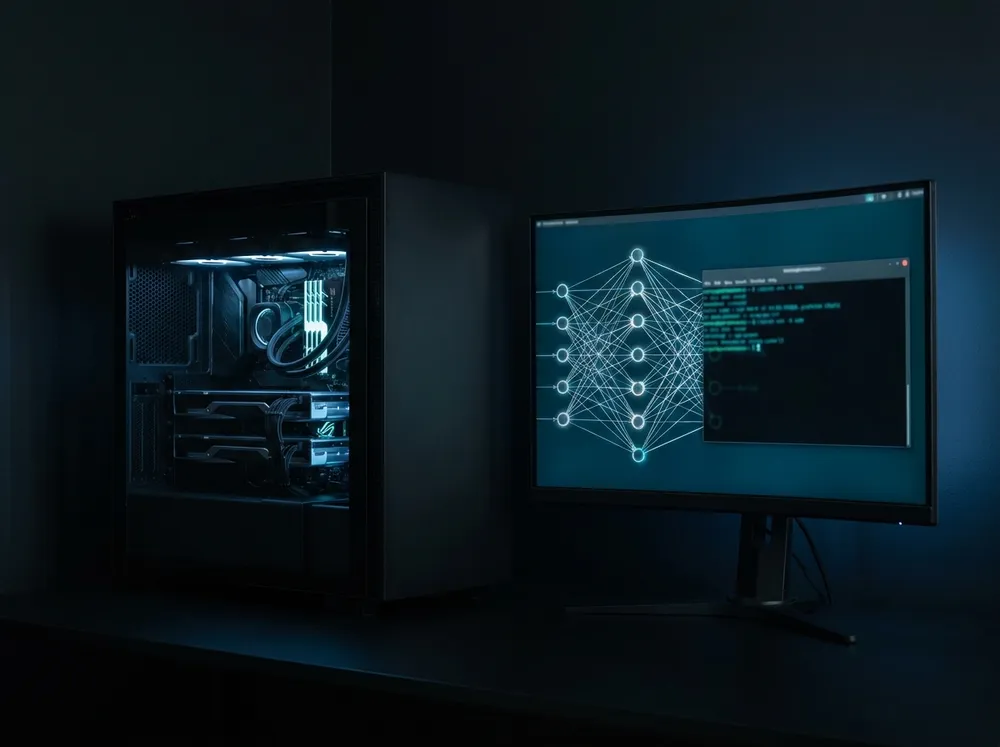 An AI workstation showing a neural network and terminal