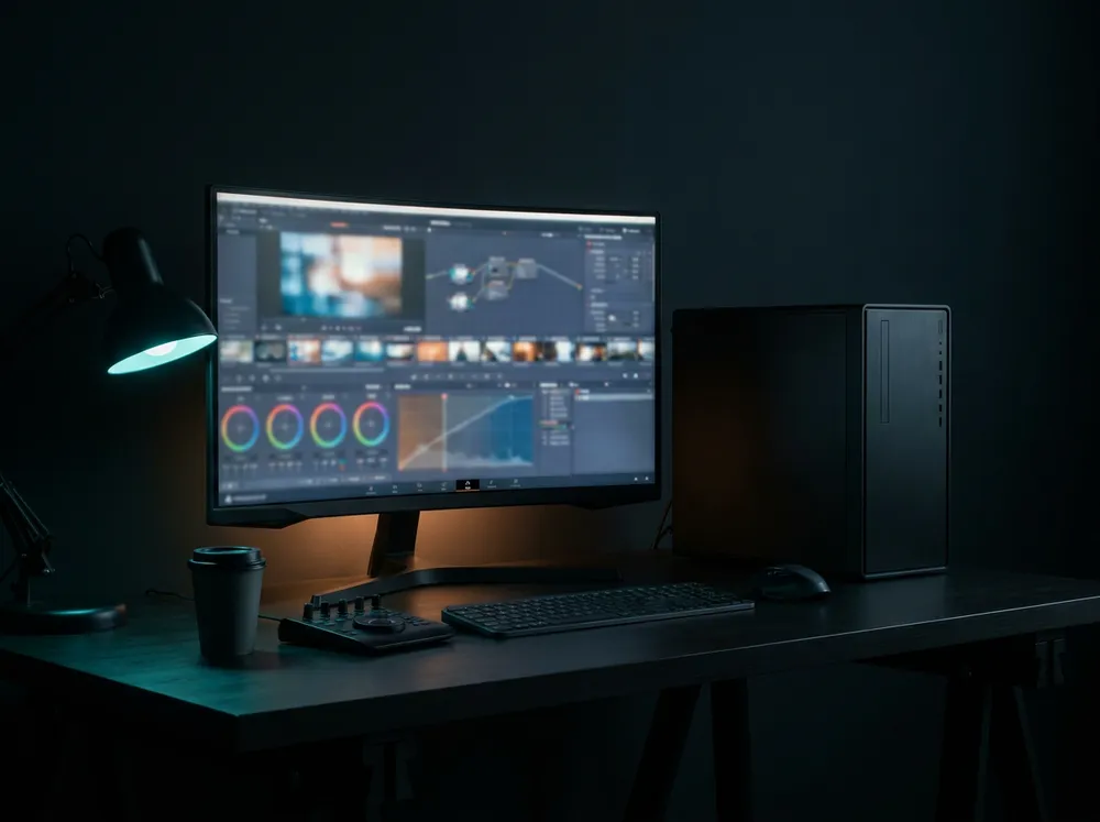A colour-grading suite with a video timeline