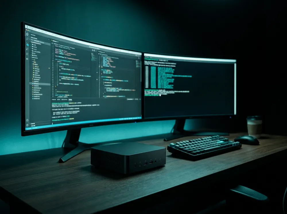 A developer workstation with dual code monitors